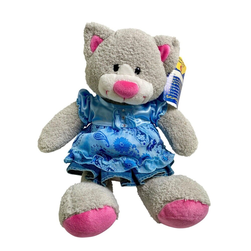 Build A Bear 16" Snazzy Kitty Gray  Cat Blue Paisley Denim Dress W Tags